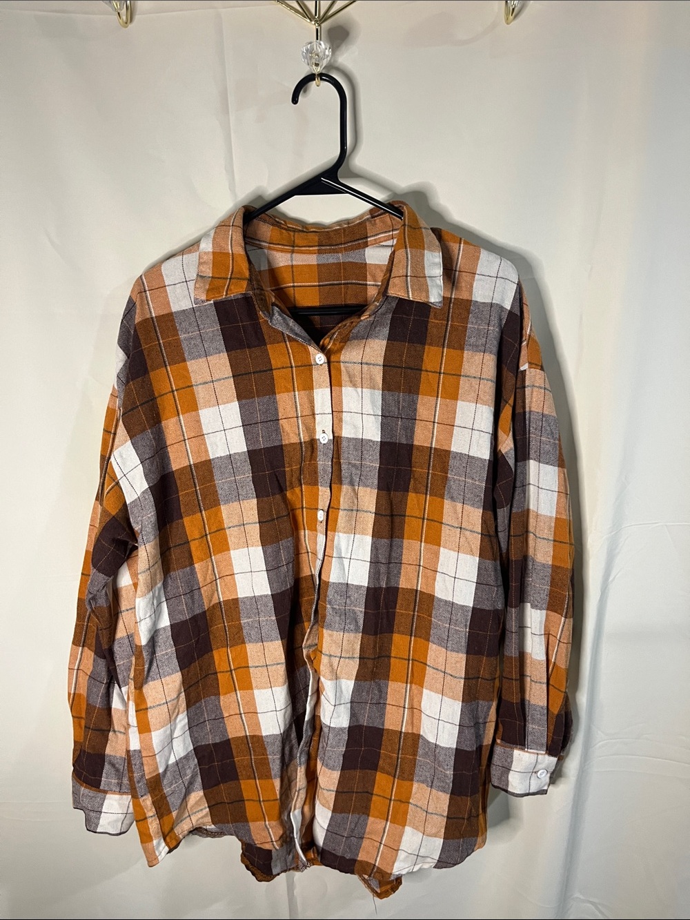 SHEIN Orange Brown Cream Plaid Button-Up Shirt